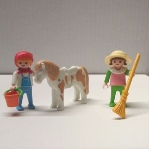 Vintage 90s Playmobil Geobra Horse Farm Boy/Girl/Horse Set - 7 pieces
